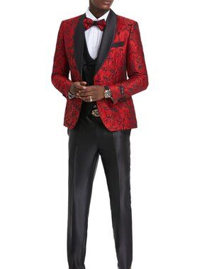Red/Black Floral Satin Shawl Lapel 3 Piece Fashion Men's Suit